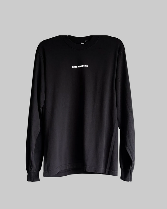 Black long-sleeve shirt with white text on a white background