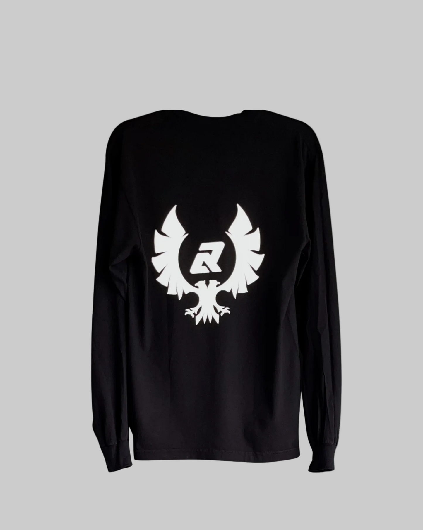 Black long-sleeve shirt with a white logo on the back against a white background