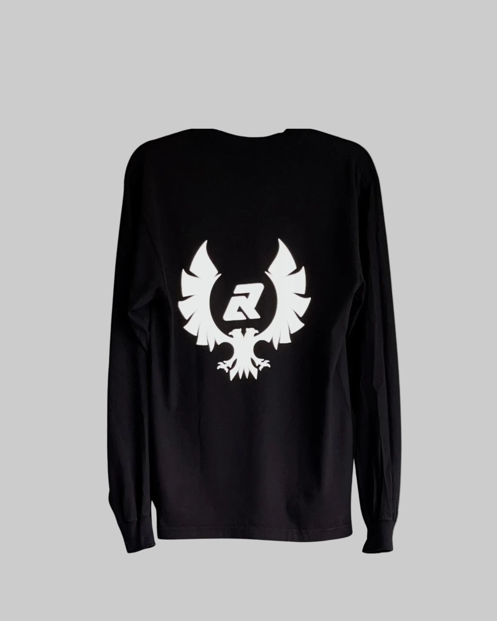 Black long-sleeve shirt with a white logo on the back against a white background