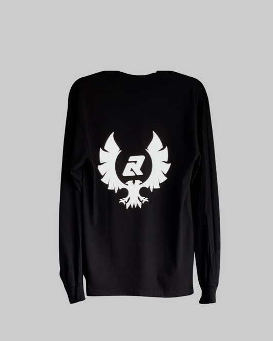 Black long-sleeve shirt with a white logo on the back against a white background