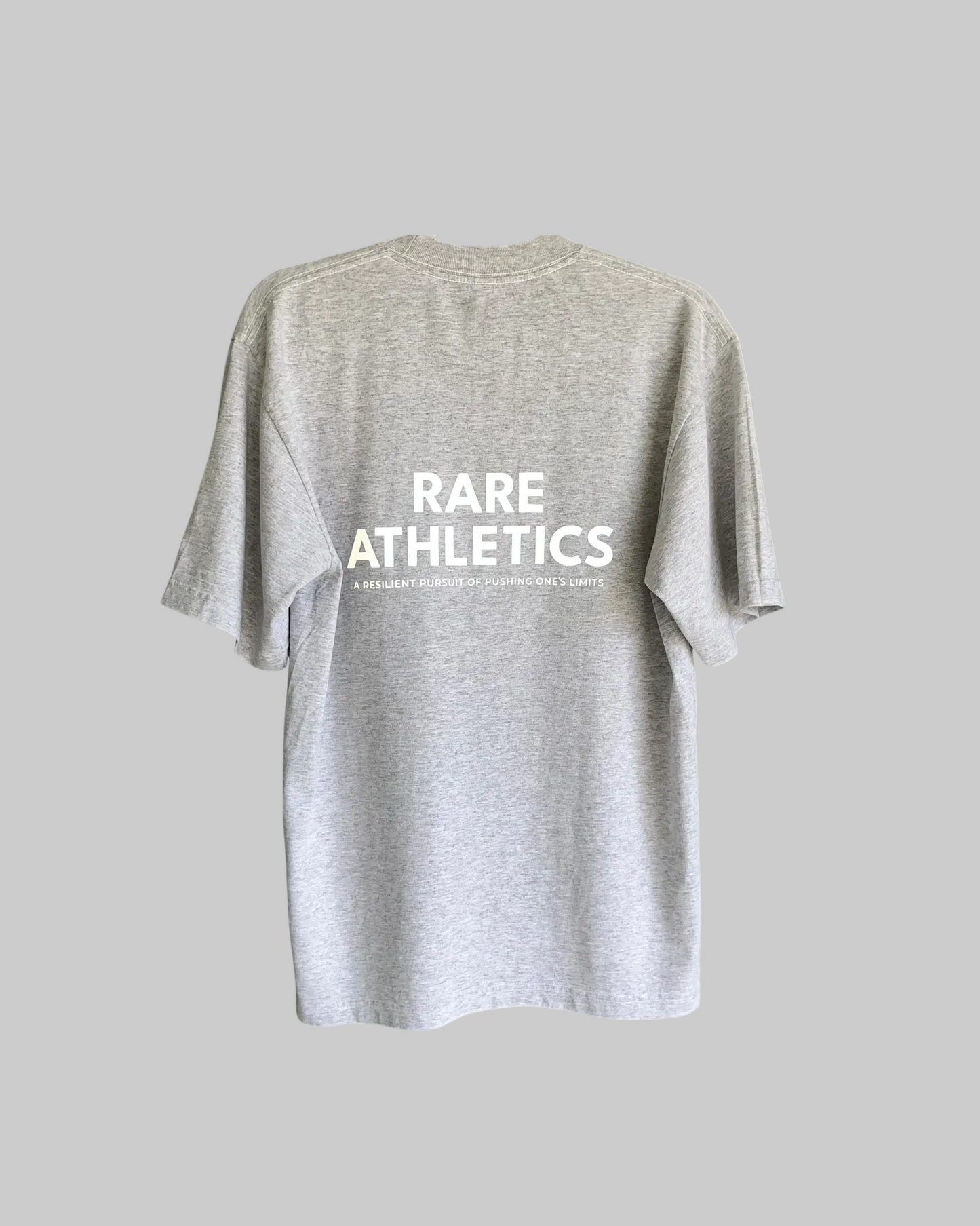 Gray t-shirt with 'RARE ATHLETICS' text on a white background