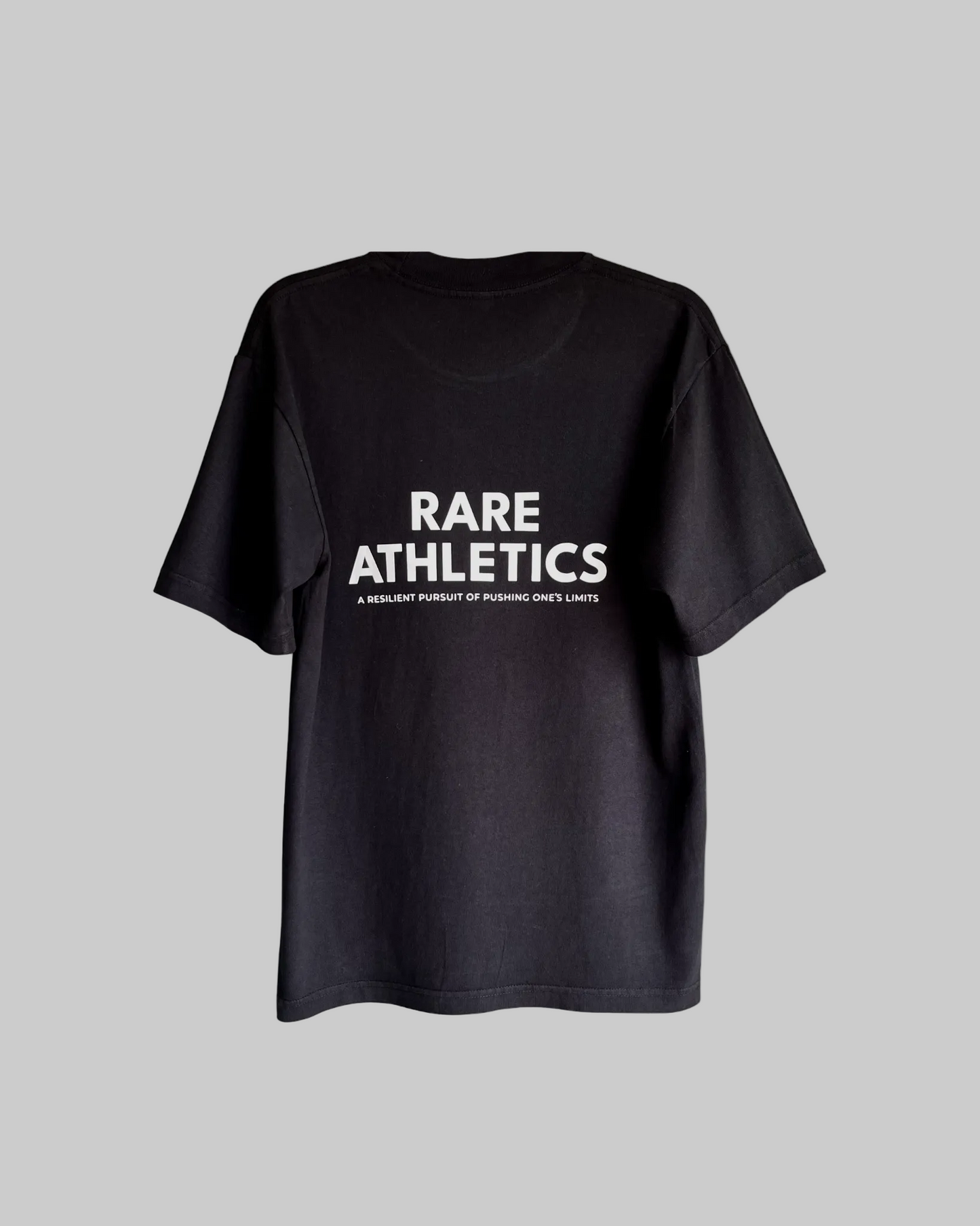 Black t-shirt with 'RARE ATHLETICS' text on a white background