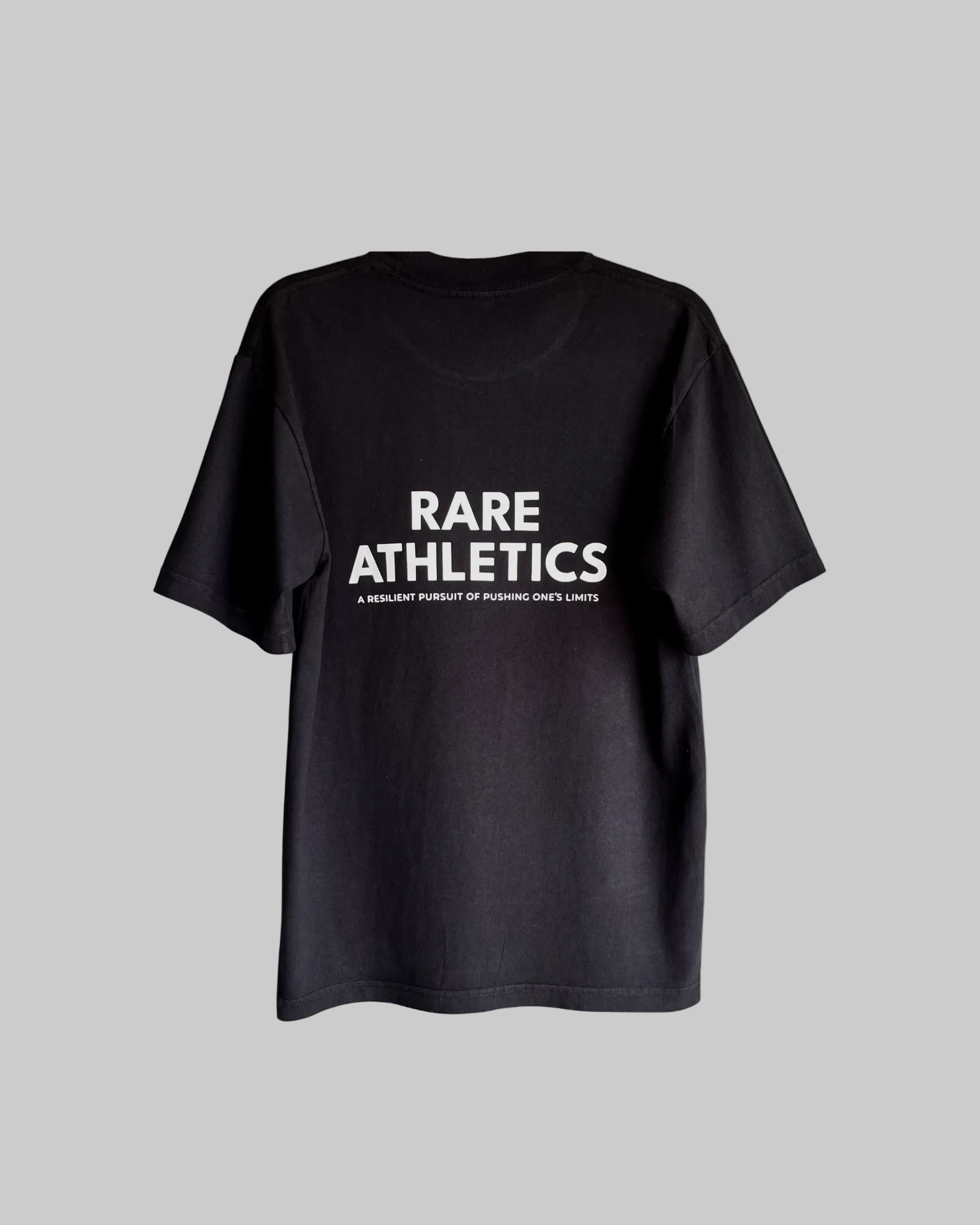Black t-shirt with 'RARE ATHLETICS' text on a white background