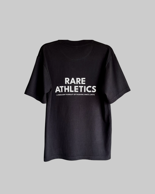 Black t-shirt with 'RARE ATHLETICS' text on a white background