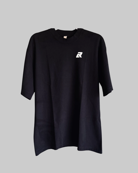 Black t-shirt with a white logo on a white background