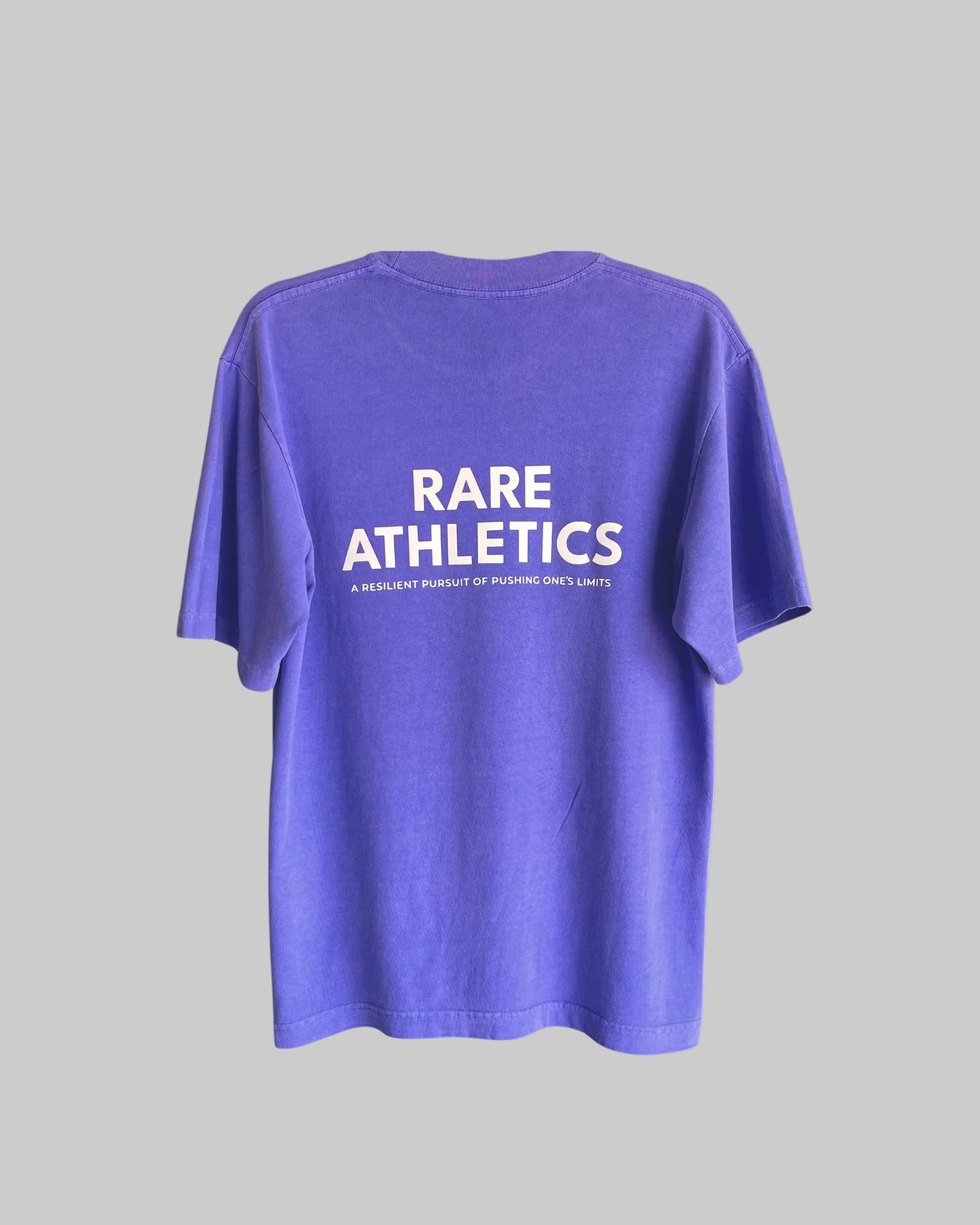 Purple t-shirt with 'RARE ATHLETICS' text on a white background